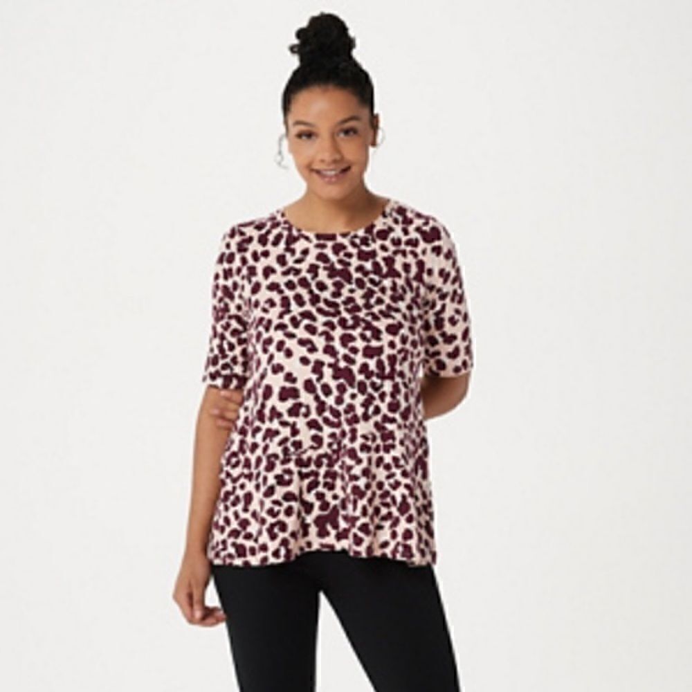 Cuddle Duds Animal Print Leopard Crew Neck Elbow sleeve Knit Pullover Peplum Top
